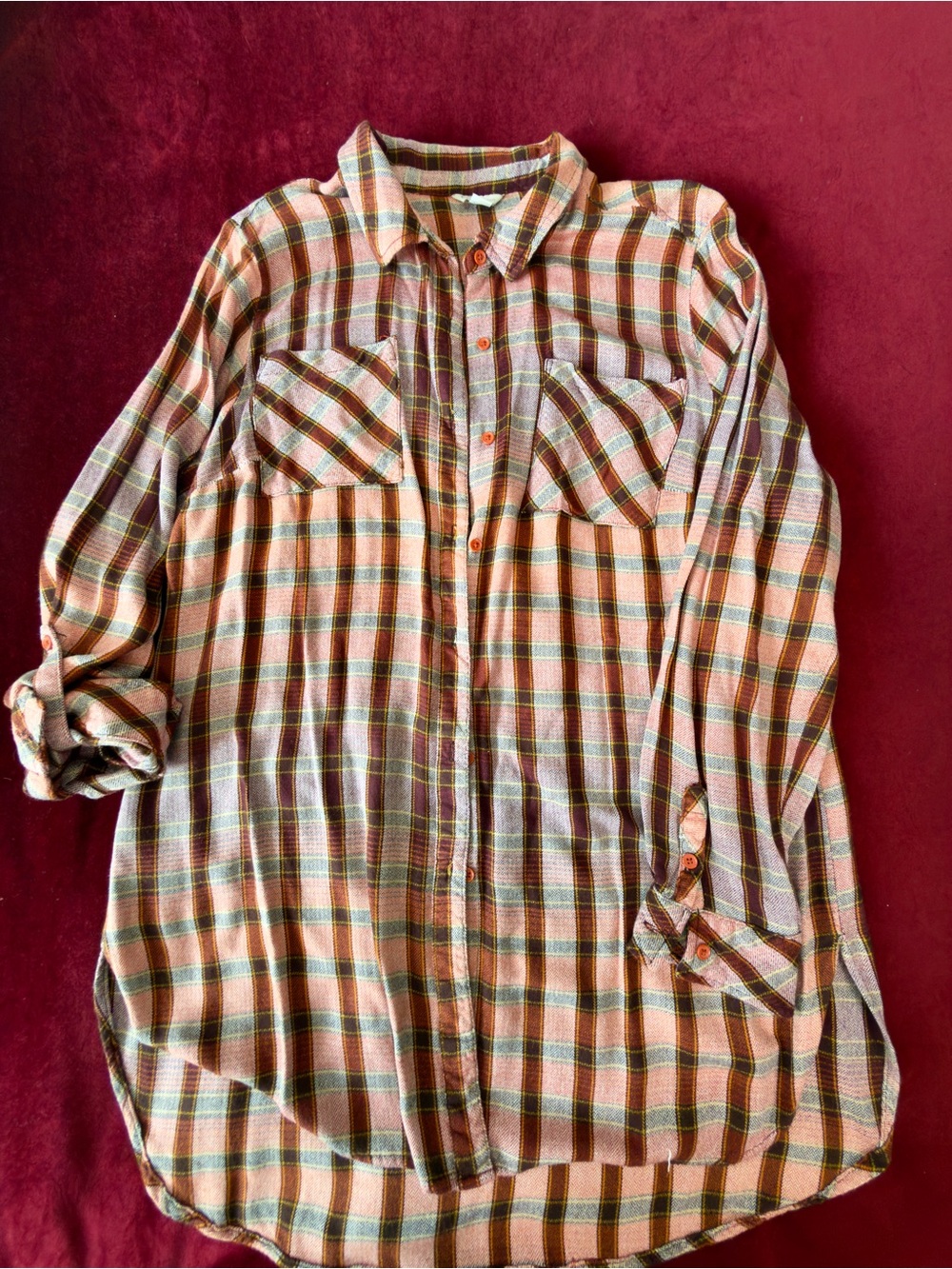 CATO Women’s Plaid Button-Down Shirt in Orange and Green S L